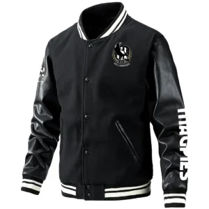 Collingwood Magpies AFL Exclusive Logo Leather Baseball Jacket Sleeves HOAFL310525BBJ01COLL - Black