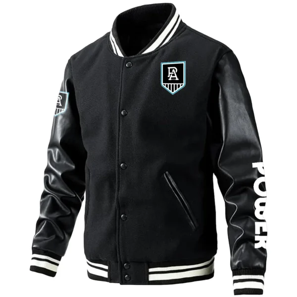 Port Adelaide Power AFL Exclusive Logo Leather Baseball Jacket Sleeves HOAFL310525BBJ01PORT - Black
