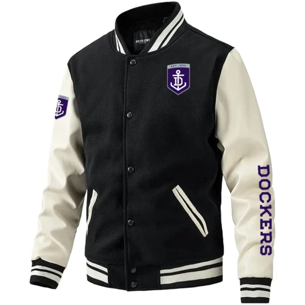 Fremantle Dockers AFL Exclusive Logo Leather Baseball Jacket Sleeves HOAFL310525BBJ01FRE - Black White