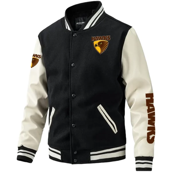 Hawthorn Hawks AFL Exclusive Logo Leather Baseball Jacket Sleeves HOAFL310525BBJ01HAW - Black White