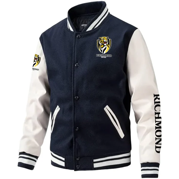 Richmond Tigers AFL Exclusive Logo Leather Baseball Jacket Sleeves HOAFL310525BBJ01RICH - Dark Blue