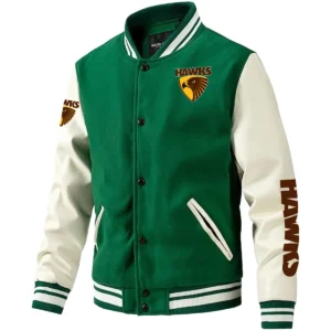 Hawthorn Hawks AFL Exclusive Logo Leather Baseball Jacket Sleeves HOAFL310525BBJ01HAW - Green