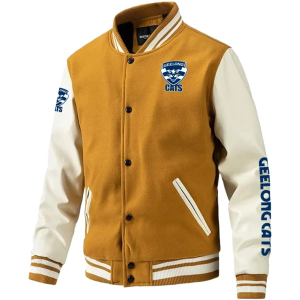 Geelong Cats AFL Exclusive Logo Leather Baseball Jacket Sleeves HOAFL310525BBJ01GEEL - Yellow