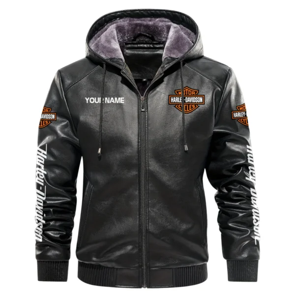 Harley-Davidson Exclusive Logo Hooded Leather Jacket QTMO230625A2HD - Black - Image 2