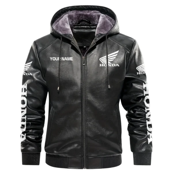 Honda Exclusive Logo Hooded Leather Jacket QTMO230625A2HON - Black - Image 2