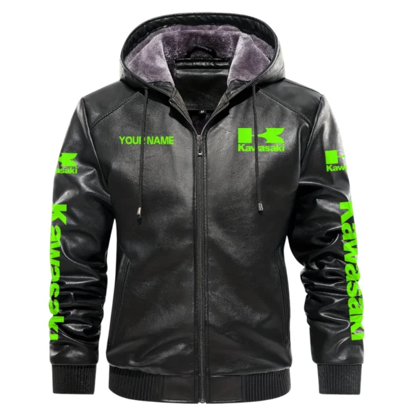 Kawasaki Exclusive Logo Hooded Leather Jacket QTMO230625A2KAW - Black - Image 2