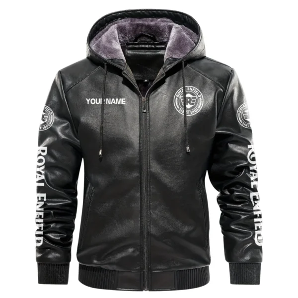 Royal Enfield Exclusive Logo Hooded Leather Jacket QTMO230625A2ROY - Black - Image 2