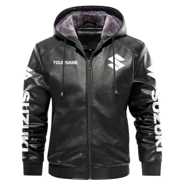 Suzuki Exclusive Logo Hooded Leather Jacket QTMO230625A2SUZ - Black - Image 2