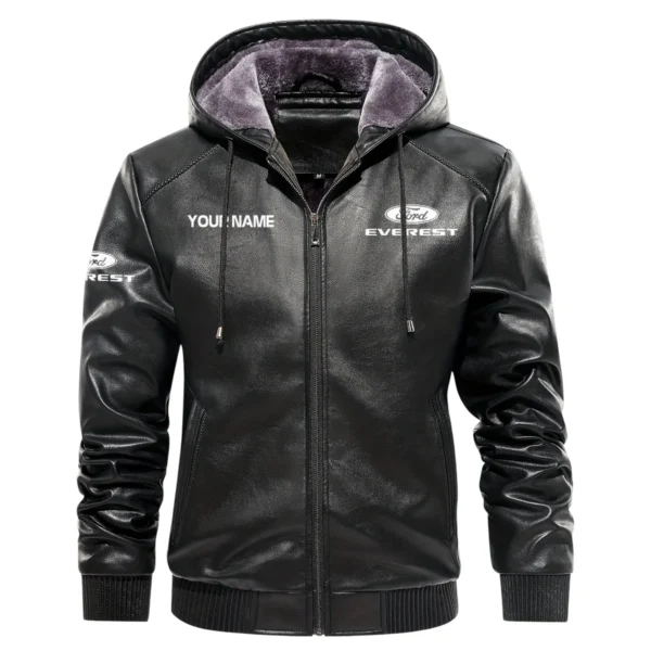 Ford Everest Exclusive Logo Hooded Leather Jacket QTUT230625A2FE - Black - Image 2