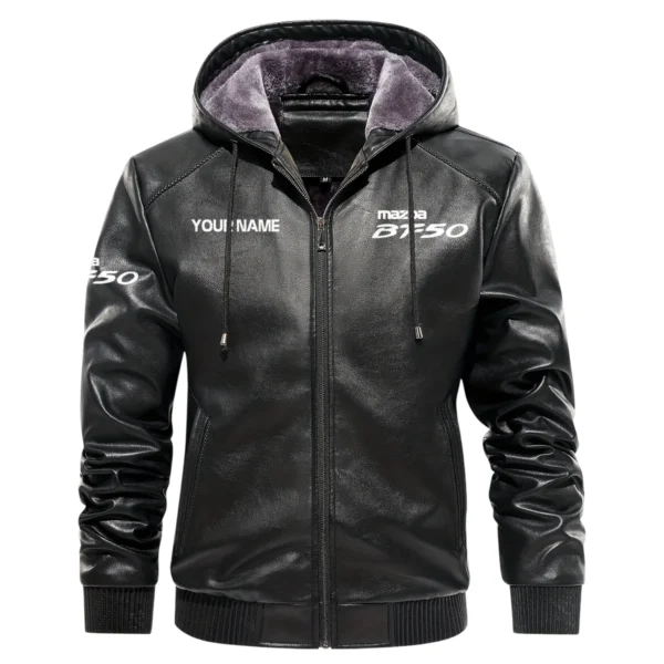 Mazda BT-50 Exclusive Logo Hooded Leather Jacket QTUT230625A2MBT - Black - Image 2
