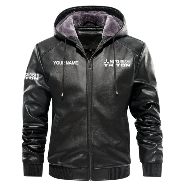 Mitsubishi Triton Exclusive Logo Hooded Leather Jacket QTUT230625A2MT - Black - Image 2