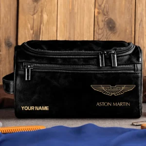 Aston Martin Car Exclusive Logo - Personalized Leather Toiletry Bag QTCAR120625A2AMR - Black