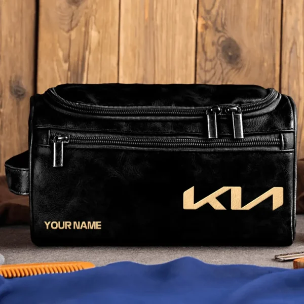 Kia Car Exclusive Logo - Personalized Leather Toiletry Bag QTCAR120625A2KIA - Black