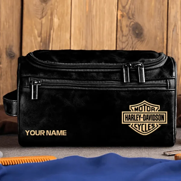 Harley-Davidson Motorcycles  Exclusive Logo - Personalized Leather Toiletry Bag QTMT180425HD - Black