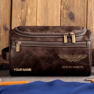 Aston Martin Car Exclusive Logo - Personalized Leather Toiletry Bag QTCAR120625A2AMR - Coffee