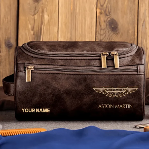 Aston Martin Car Exclusive Logo - Personalized Leather Toiletry Bag QTCAR120625A2AMR - Coffee