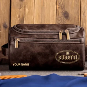 Bugatti Car Exclusive Logo - Personalized Leather Toiletry Bag QTCAR120625A2BUG - Coffee