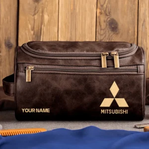 Mitsubishi Car Exclusive Logo - Personalized Leather Toiletry Bag QTCAR120625A2MIT - Coffee