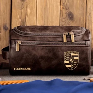 Porsche Car Exclusive Logo - Personalized Leather Toiletry Bag QTCAR120625A2POR - Coffee