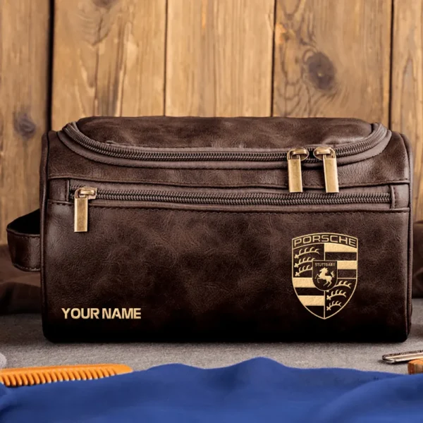 Porsche Car Exclusive Logo - Personalized Leather Toiletry Bag QTCAR120625A2POR - Coffee