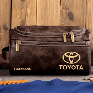 Toyota Car Exclusive Logo - Personalized Leather Toiletry Bag QTCAR120625A2TOY - Coffee