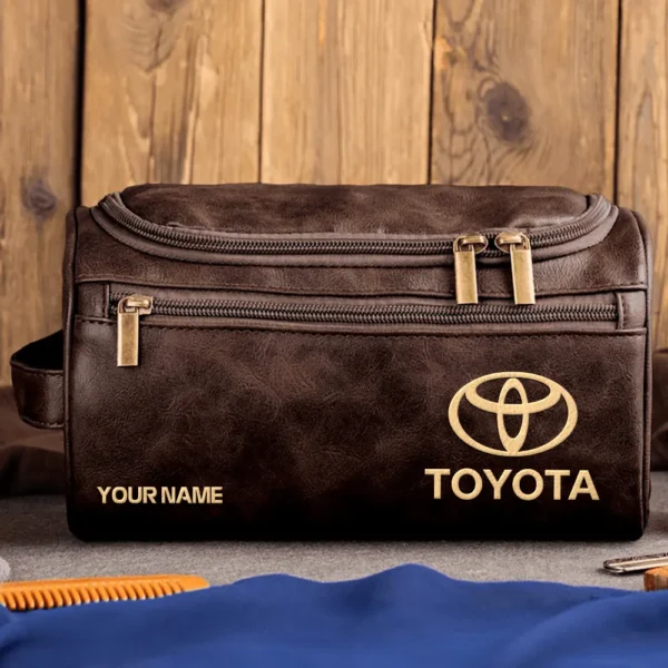 Toyota Car Exclusive Logo - Personalized Leather Toiletry Bag QTCAR120625A2TOY - Coffee