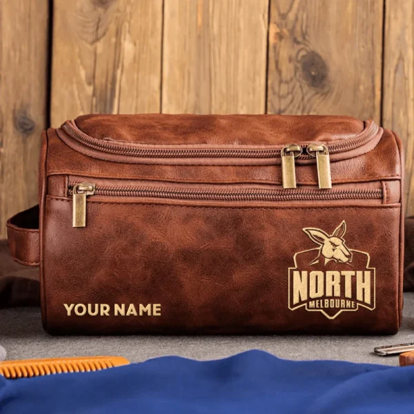 North Melbourne Kangaroos AFL Exclusive Logo Personalized Leather Toiletry Bag HOAFL0090525LTB01NMFC - Dark Brown