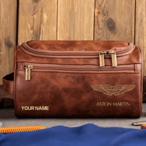 Aston Martin Car Exclusive Logo - Personalized Leather Toiletry Bag QTCAR120625A2AMR - Dark Brown