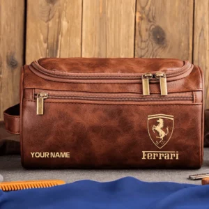Ferrari Car Exclusive Logo - Personalized Leather Toiletry Bag QTCAR120625A2FER - Dark Brown