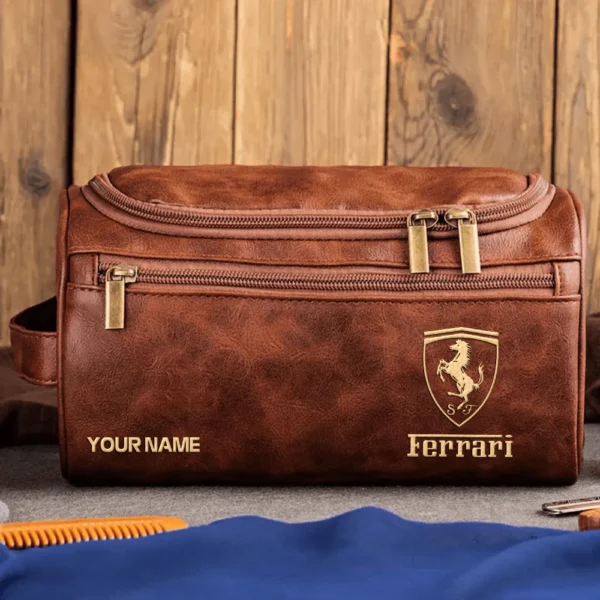 Ferrari Car Exclusive Logo - Personalized Leather Toiletry Bag QTCAR120625A2FER - Dark Brown