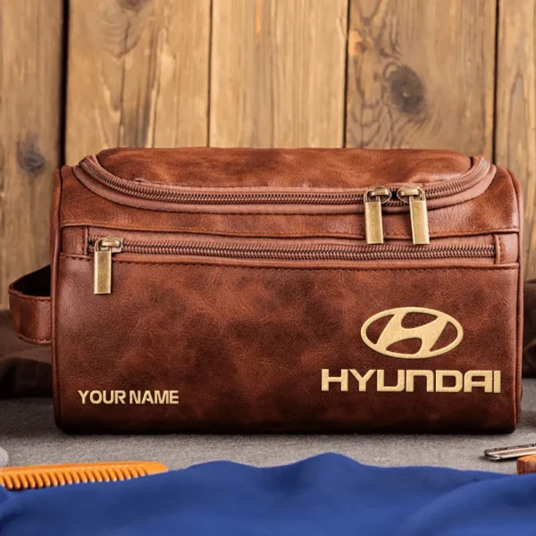 Hyundai Car Exclusive Logo - Personalized Leather Toiletry Bag QTCAR120625A2HYU - Dark Brown