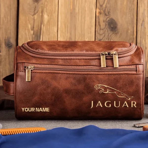 Jaguar Car Exclusive Logo - Personalized Leather Toiletry Bag QTCAR120625A2JAG - Dark Brown