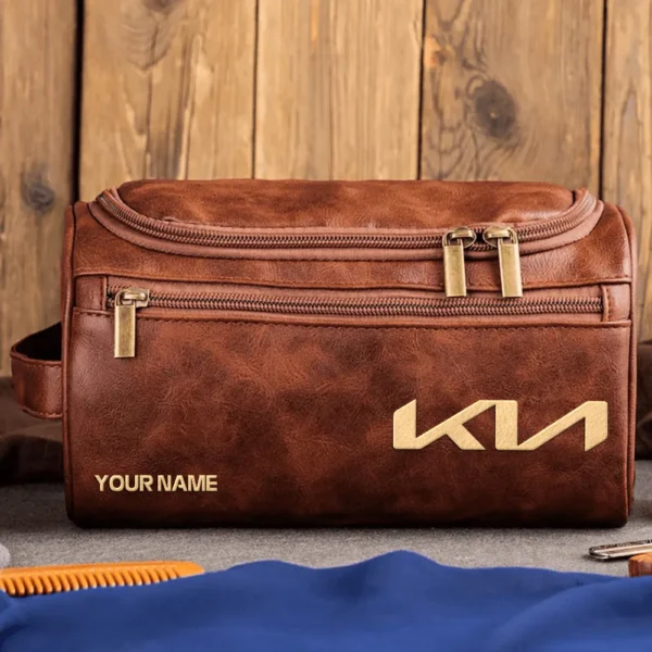 Kia Car Exclusive Logo - Personalized Leather Toiletry Bag QTCAR120625A2KIA - Dark Brown
