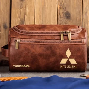 Mitsubishi Car Exclusive Logo - Personalized Leather Toiletry Bag QTCAR120625A2MIT - Dark Brown