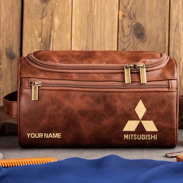 Mitsubishi Car Exclusive Logo - Personalized Leather Toiletry Bag QTCAR120625A2MIT - Dark Brown