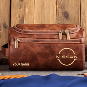 Nissan Car Exclusive Logo - Personalized Leather Toiletry Bag QTCAR120625A2NIS - Dark Brown