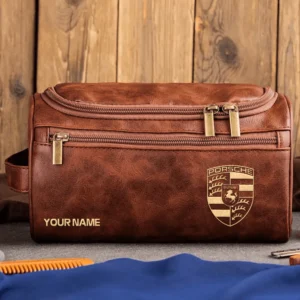 Porsche Car Exclusive Logo - Personalized Leather Toiletry Bag QTCAR120625A2POR - Dark Brown