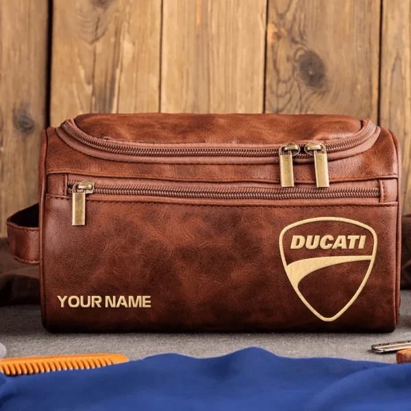 Ducati Motorcycles  Exclusive Logo - Personalized Leather Toiletry Bag QTMT180425DUC - Dark Brown