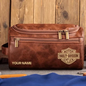 Harley-Davidson Motorcycles  Exclusive Logo - Personalized Leather Toiletry Bag QTMT180425HD - Dark Brown