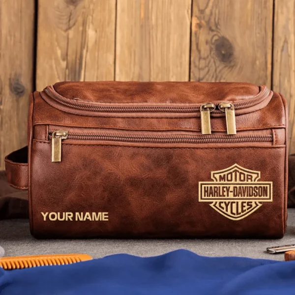 Harley-Davidson Motorcycles  Exclusive Logo - Personalized Leather Toiletry Bag QTMT180425HD - Dark Brown