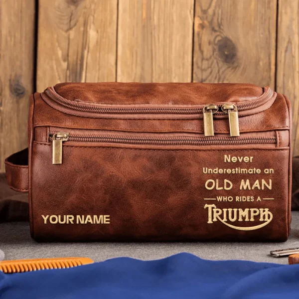 Triumph Motorcycles  Exclusive Logo - Personalized Leather Toiletry Bag QTMT180425TRIA2 - Dark Brown