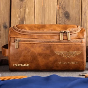 Aston Martin Car Exclusive Logo - Personalized Leather Toiletry Bag QTCAR120625A2AMR - Light Brown