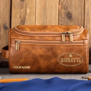 Bugatti Car Exclusive Logo - Personalized Leather Toiletry Bag QTCAR120625A2BUG - Light Brown