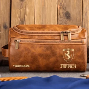 Ferrari Car Exclusive Logo - Personalized Leather Toiletry Bag QTCAR120625A2FER - Light Brown