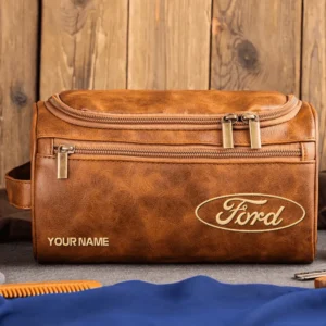 Ford Car Exclusive Logo - Personalized Leather Toiletry Bag QTCAR120625A2FOR - Light Brown