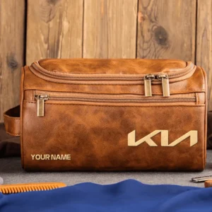 Kia Car Exclusive Logo - Personalized Leather Toiletry Bag QTCAR120625A2KIA - Light Brown