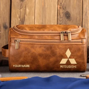 Mitsubishi Car Exclusive Logo - Personalized Leather Toiletry Bag QTCAR120625A2MIT - Light Brown