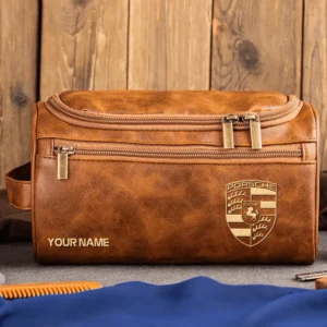 Porsche Car Exclusive Logo - Personalized Leather Toiletry Bag QTCAR120625A2POR - Light Brown