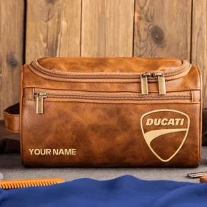 Ducati Motorcycles  Exclusive Logo - Personalized Leather Toiletry Bag QTMT180425DUC - Light Brown
