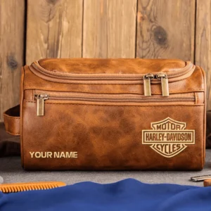 Harley-Davidson Motorcycles  Exclusive Logo - Personalized Leather Toiletry Bag QTMT180425HD - Light Brown